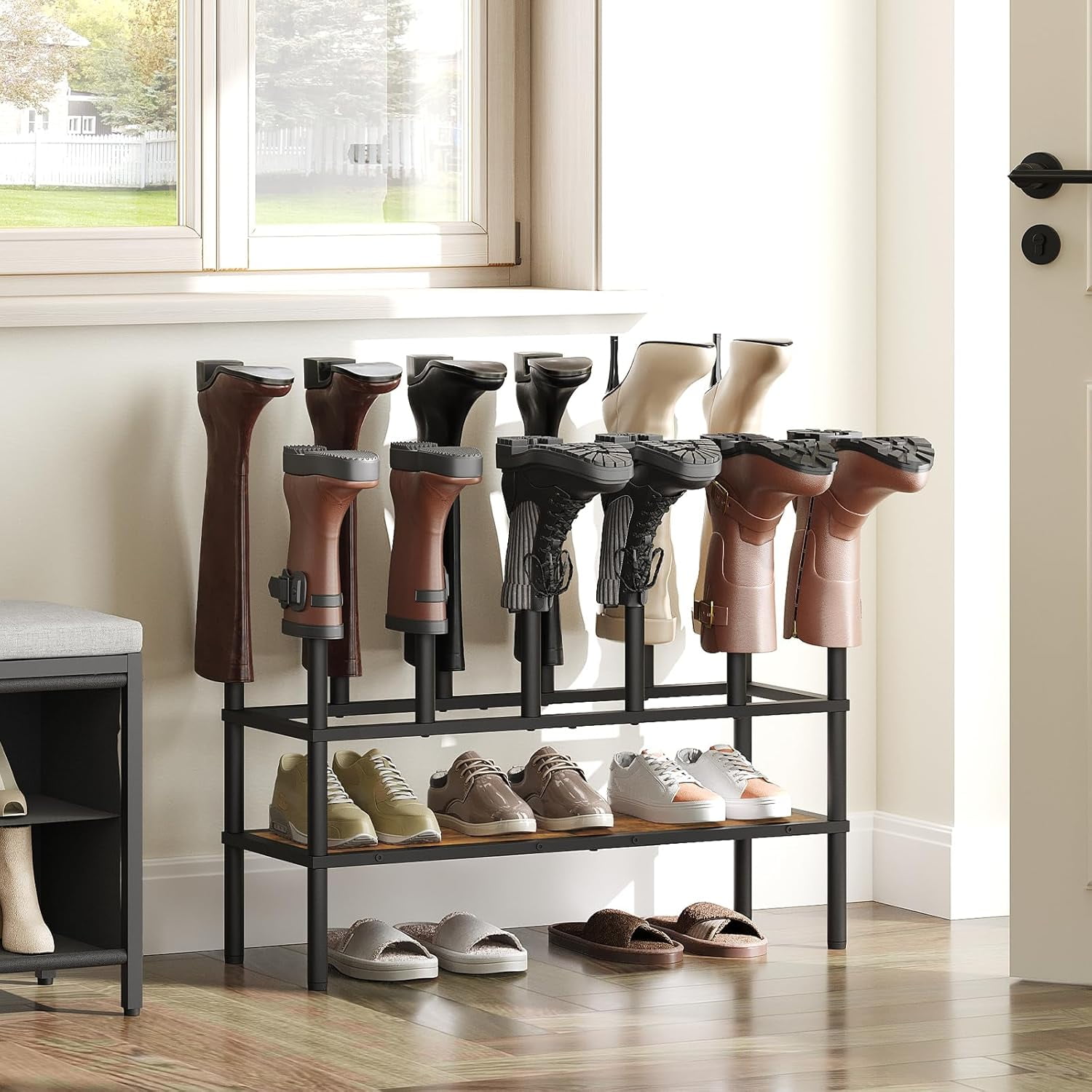 Free Standing Shoe Rack, Tall Boots Rack Organizer, Boot Organizer for Closet, Cowboy Shoes Storage, Holds 6 Pairs, Black and Rustic Brown SS09BRY1