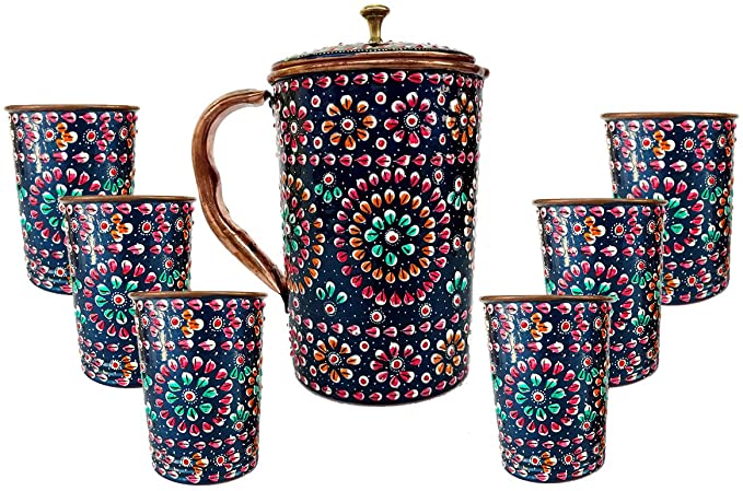 Rastogi Handicrafts Pure Copper one Jug with Six Glass Drink ware Set Hand Painted Outer side
