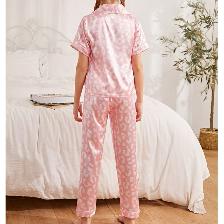 GYRATEDREAM Child Girls Floral Silk Satin Short Sleeve Shirts/Long Pants  Pajamas Set for 5-12 Years Kids