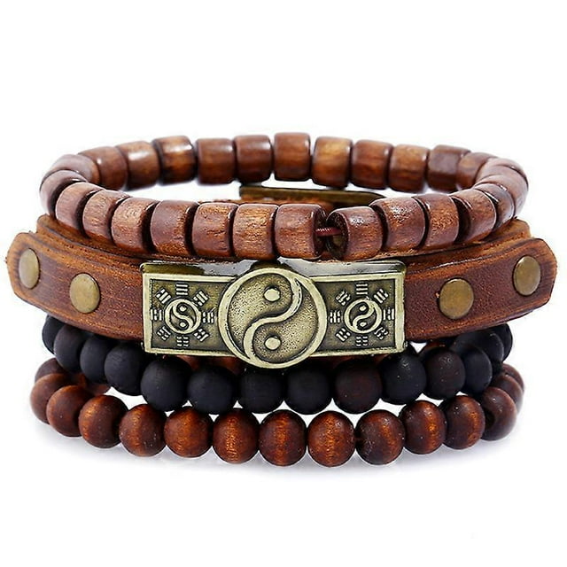 Pulseras de cuero hechas a mano para hombre (paquete de 4) con bolas de madera y piedra marrón.