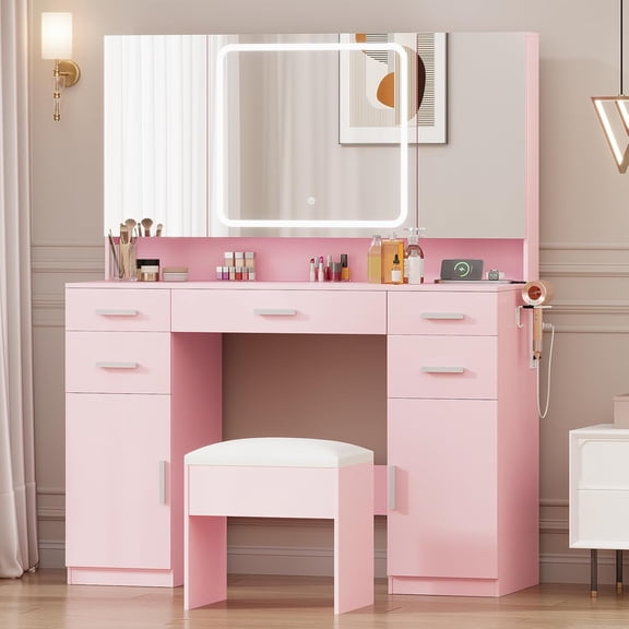 Vanity with Mirror and Lights, Makeup Vanity with 7 Drawers, Vanity Set with Tri-Folding 3 Colors Lighting Mirror and Cushioned Stool, Big Vanities with Power Outlet Perfect for Bedroom, Pink
