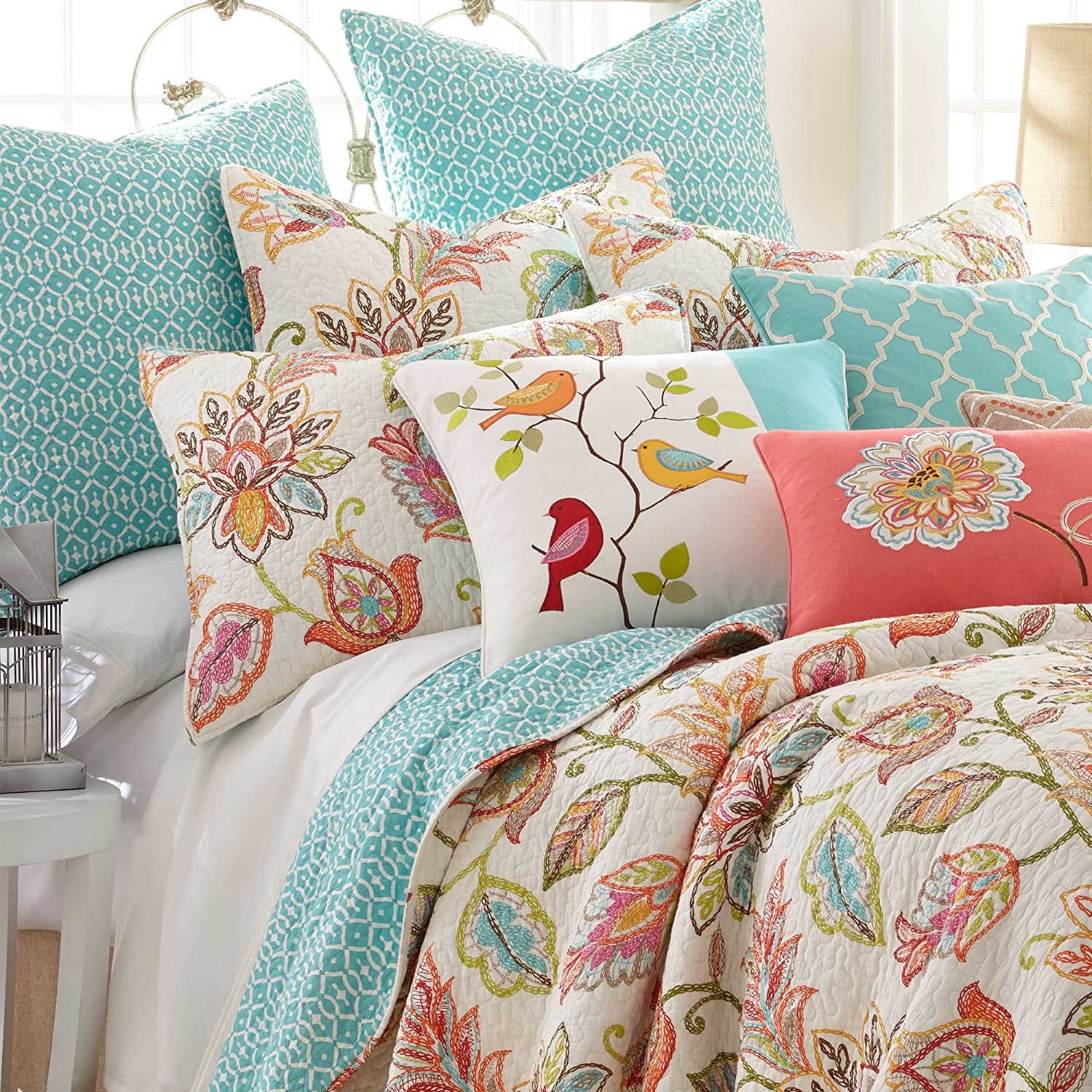 Levtex Home - Sophia Quilt Set - Full/Queen Quilt (88x92in.) + Two Standard Pillow Shams (26x20in.) - Floral - Orange, Yellow, Red, Green, Teal, and White - Reversible - Cotton Fabric