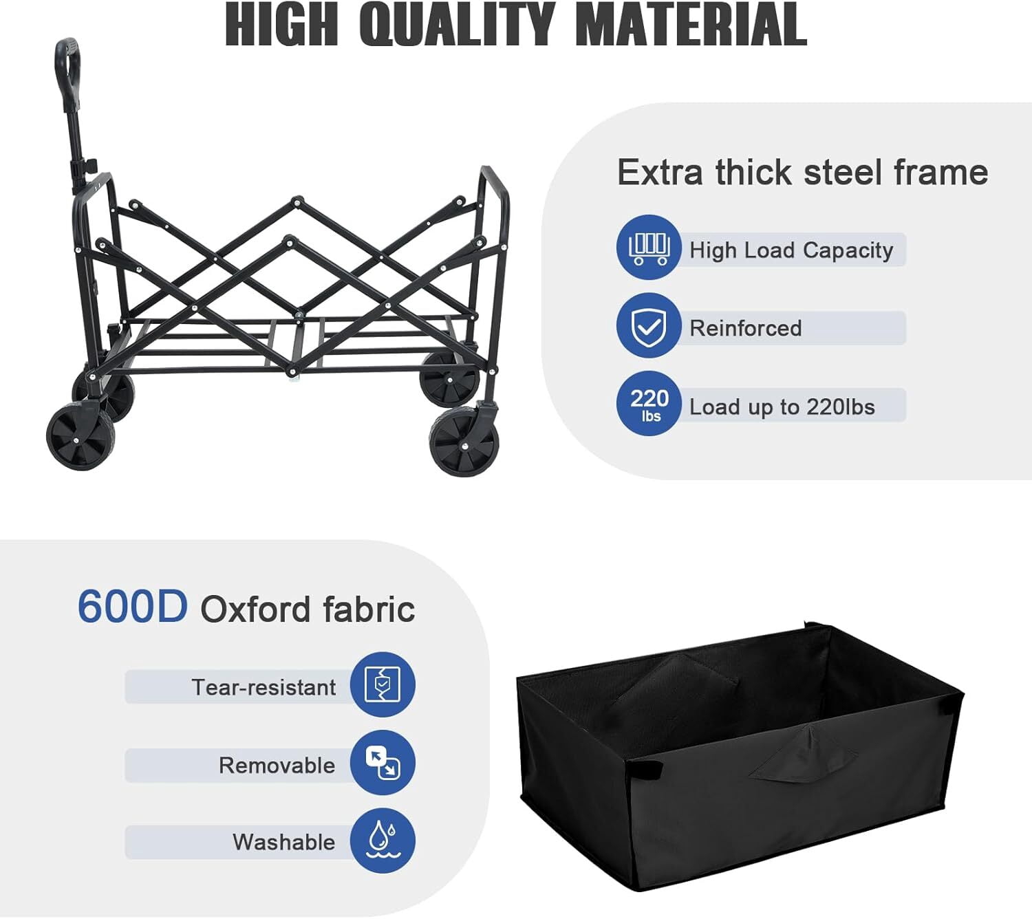 AENKYO Collapsible Folding Wagon, Heavy Duty Beach Cart, 220lb Weight Capacity for Sports and Camping