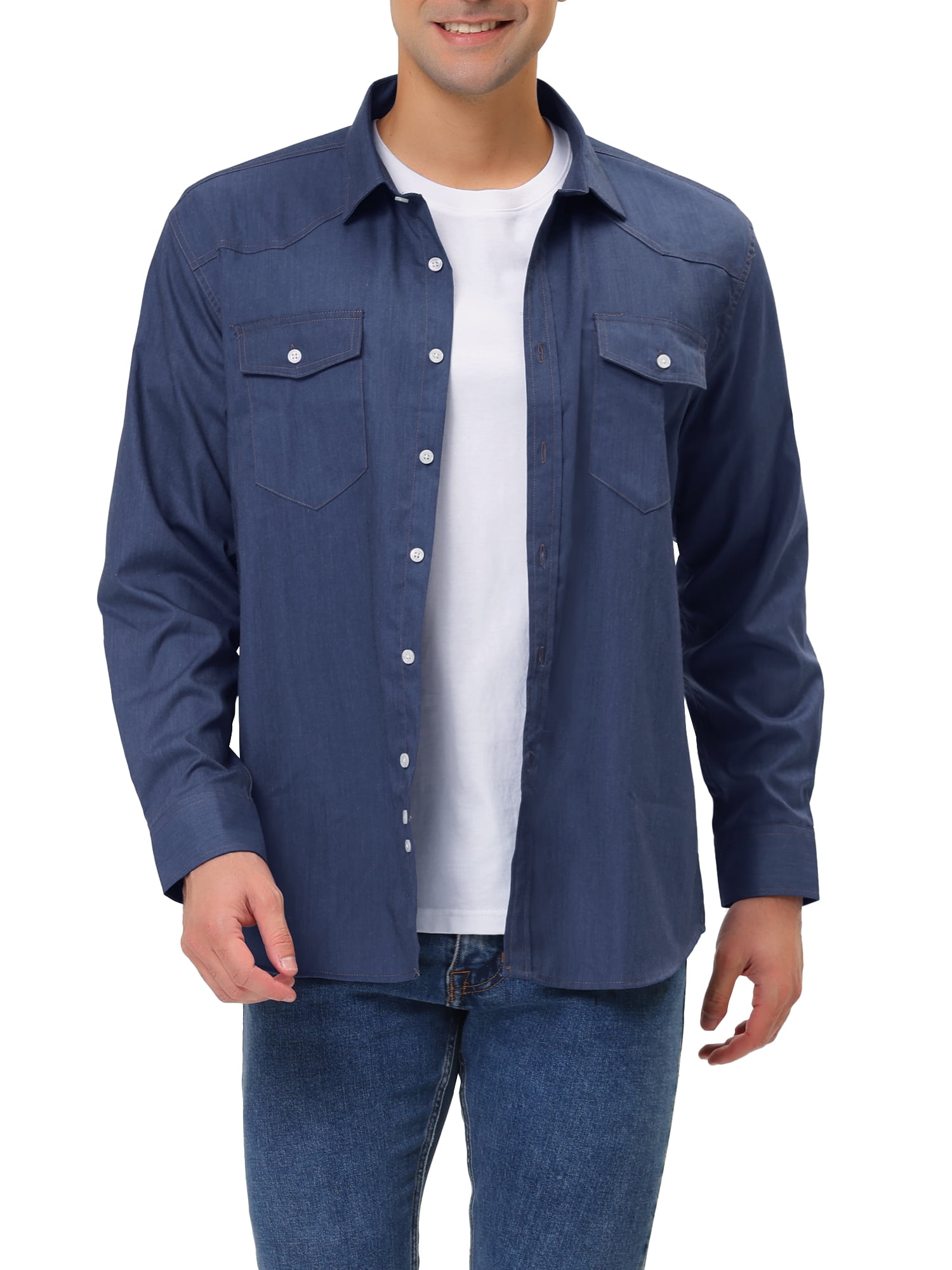Lars Amadeus Men's Casual Jean Shirt Relaxed Fit Solid Point Collar Denim  Shirt 