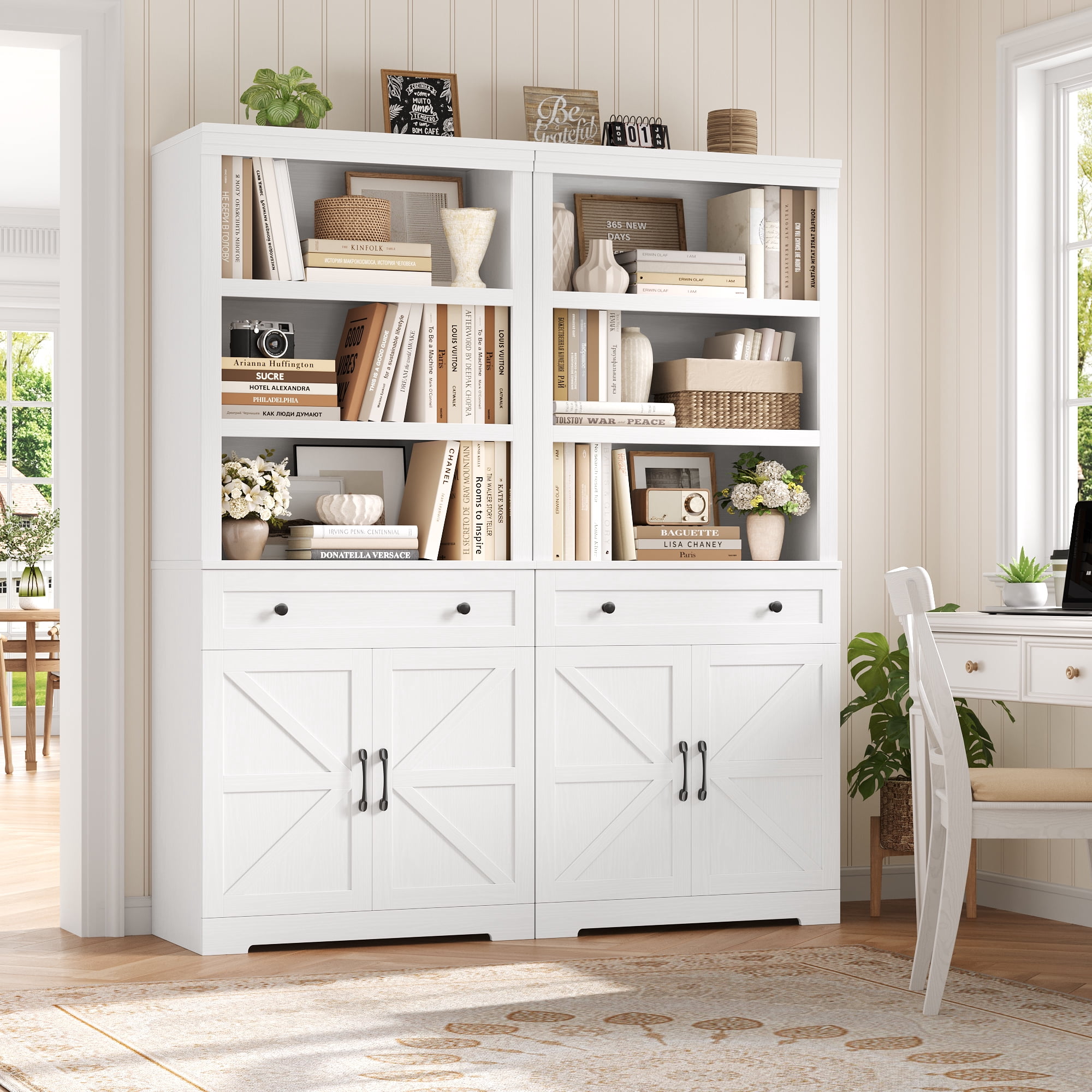 Hiphuta Bookcase with Doors, 71.6"Tall bookshelves with Storage, 5 Shelf Display Storgae Shelves, Bookshelves and Bookcases with 2 Doors for Home Office, Living Room, Bedroom, White