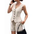 thumbnail image 3 of 2 Piece Sets for Women Spring Fashion Button Vest Tops High Waist Shorts Summer Business Casual Outfits Light Khaki M, 3 of 9