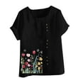 thumbnail image 5 of UPPADA Summer Tops for Women Trendy Short Sleeve Crewneck Linen Shirts Floral Print Loose Fit Tunic Blosues Vintage Cotton Linen Dressy Tshirts Black,XXXXXL, 5 of 5