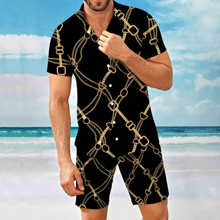 

Men 2 Piece Outfit Luxury Casual Button Down Short Sleeve Shirts Shorts Matching Hawaiian Outfits Suits