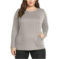 thumbnail image 3 of Cotton Tops for Women Plus Size Long Sleeve with Pockets Soft Crewneck Pullover Tees Blouses Spring Clothes (5XL, Khaki), 3 of 6