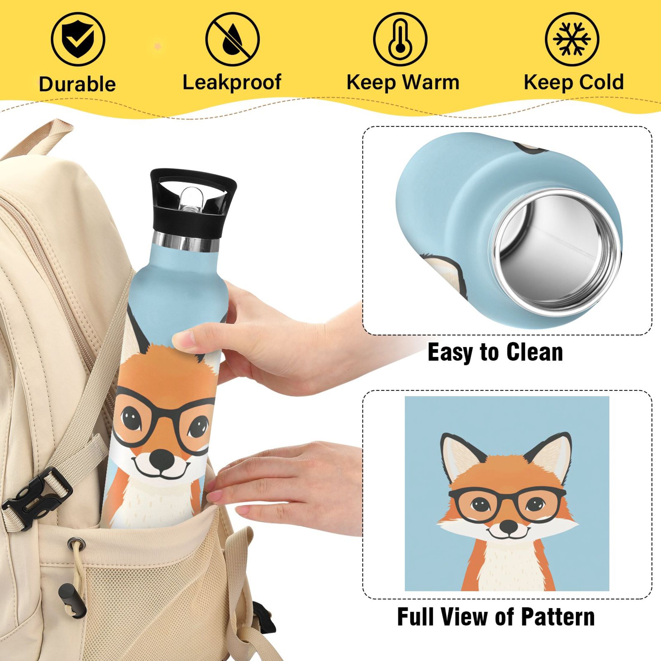 600ML Stainless Steel Insulated Cup Sports Water Bottle Portable Thermos Cup Water Glasses Insulated Tumblers Convenient and Durable Orange Fox
