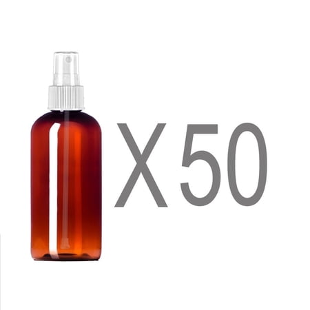MoYo Natural Labs 8 oz Spray Bottles Boston Round, Fine Mist Empty Travel Containers, BPA Free PET Plastic for Essential Oils and Liquids/Cosmetics (Pack of 50, Amber)