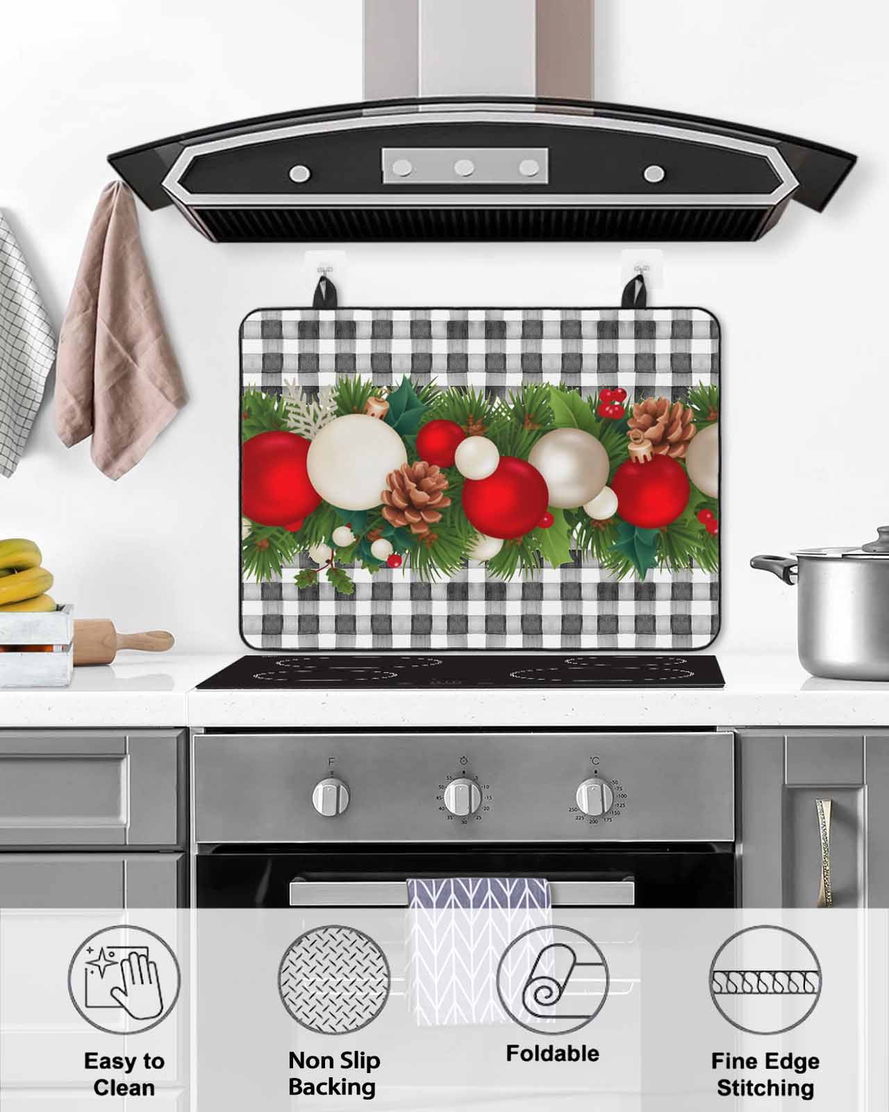 Large Induction Cooktop Protector Mat Christmas Stove Top Covers for Electric Stove, Red White Ball Pine Cones Needles Grey Plaid Decorative Stove Burner Cover Mats, Glass Top Stove Cover