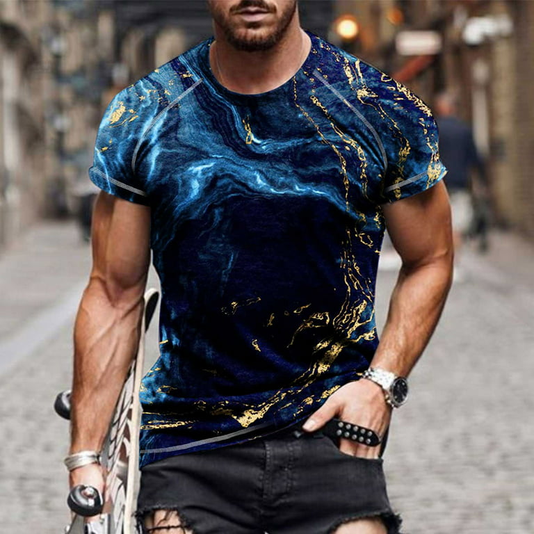 Fashion Marble Print T Shirts for Men Graphic Muscle Top Fitness Sports  Short Sleeve Tees Blouse Trendy Streetwear