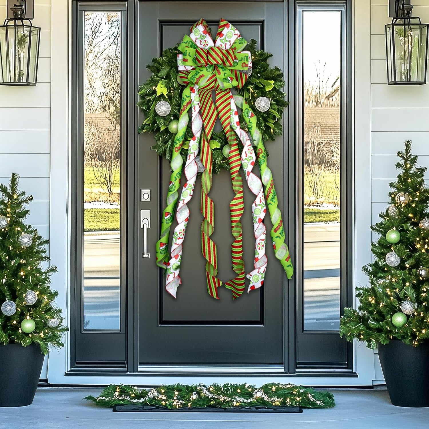 Large Christmas Tree Topper Bow 52x13 Inch, Pre-Tied Wired Ribbon Wreath Bows, Xmas Ornaments with Long Wired Edge Streamer for Holiday Thanksgiving Indoor Outdoor Party Decoration (Green)