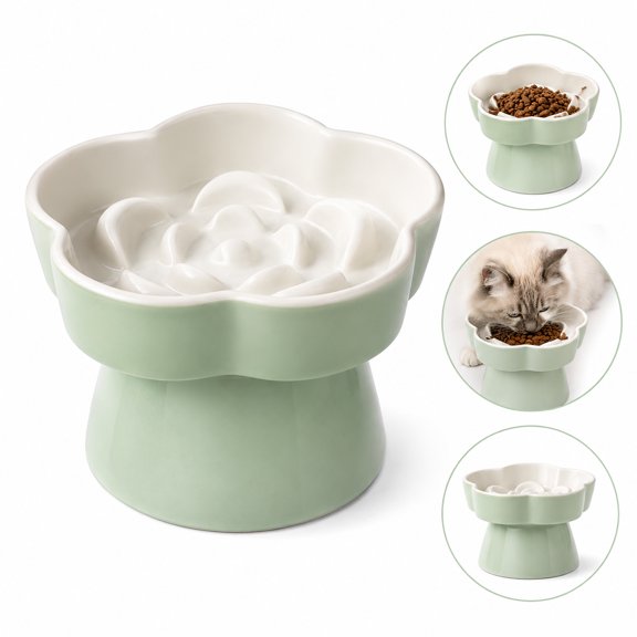 Ceramic Elevated Slow Feeder Cat Bowl, Raised Tilted Dish for Cats Small Dogs