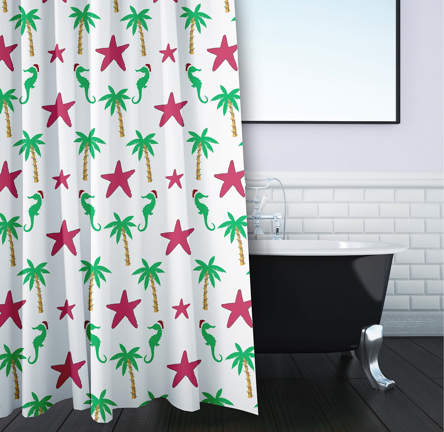 Simply Daisy 70" W x 73" L Christmas Beach Pattern Polyester Shower Curtain, Holiday Pink [1 Ct]