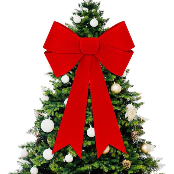 TETOU 1 PC Christmas Decorations,16 x 24 Inches Large Red Velvet PVC Christmas Tree Topper Bow for Xmas Wreath Party Indoor Outdoor Fireplace Stairs Railing Porch Decoration