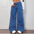 thumbnail image 2 of LWavelet Womens Tie Detail Cargo Wide Leg Jeans Multi Pocket High Waisted Daily Casual Denim Pants Blue L, 2 of 6