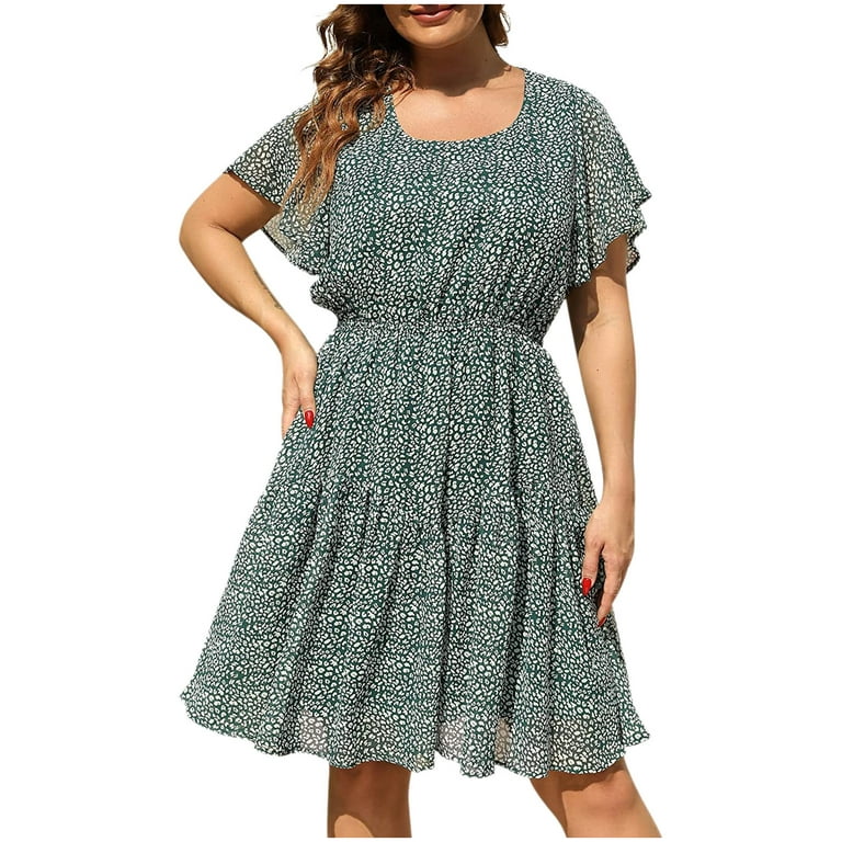 Summer Dresses for Women 2023 Casual Clearance Short Sleeve Round-Neck Dress  Pattern Crew neck Western Dress Plus Size Dating Knee-Length dress,Green,3XL  