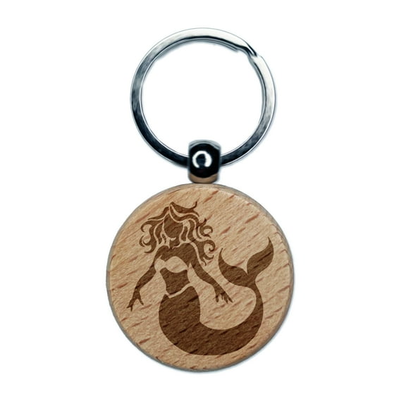 Beautiful Mythological Mermaid Round Keychain Charm Tag - Engraved Wood