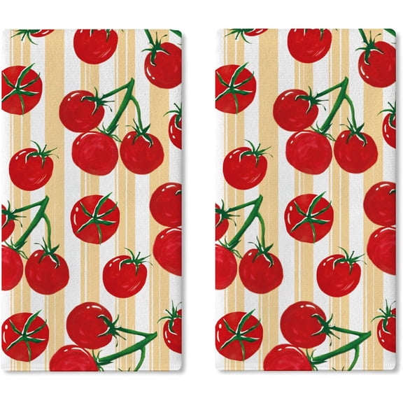Tomato Kitchen Dish Towels Set of 2, Vegetable Fruit Drying Hand Towel Baking Cooking Cloth Gardener Gifts, Farmhouse Orange Stripes Bathroom Home Decoration 18'' x 26''