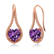 Gem Stone King 18K Rose Gold Plated Silver Purple Amethyst Dangle Earrings for Women | 1.80 Cttw | Gemstone February Birthstone | Heart Shape 7MM