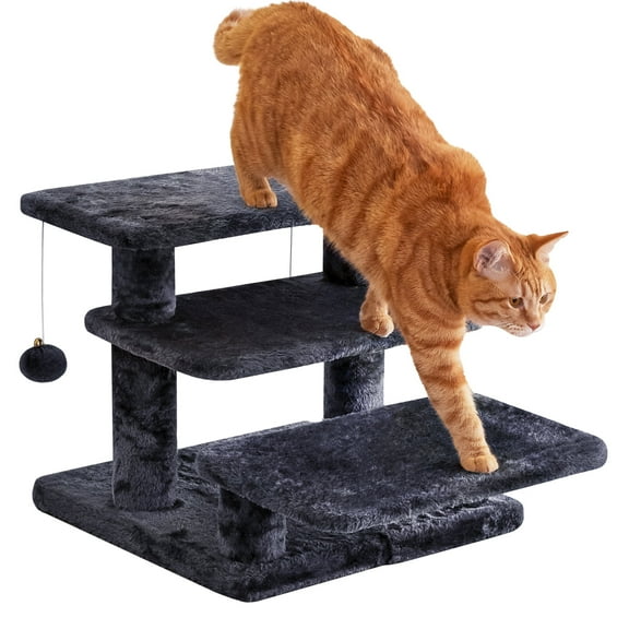 MWPO 15''H Multi-Step Pet Stairs for High Beds & Sofas, 3-Step Cat Stairs with 2 Toy Balls, Dark Grey