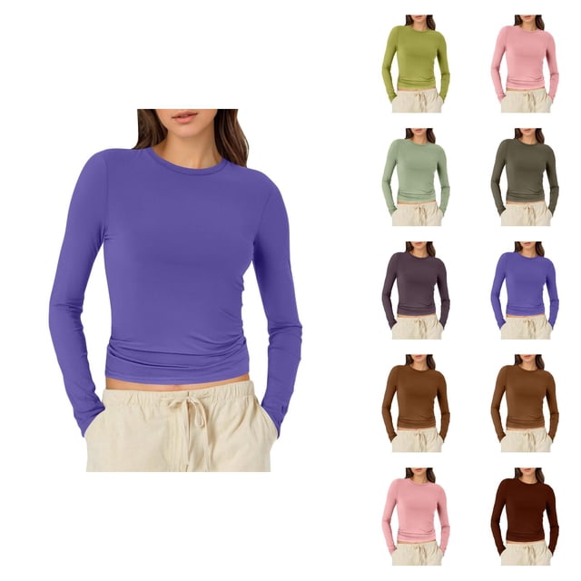 Hauts à Manches Longues pour Femmes 2026 Printemps à la Mode Y2k T-Shirt Court Col Rond Ajusté
