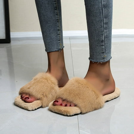 

Wefuesd Women S Fashion Square Toe Pure Color Furry Comfortable Casual Flat Slippers Womens Slippers Slippers For Women Indoor Khaki 41