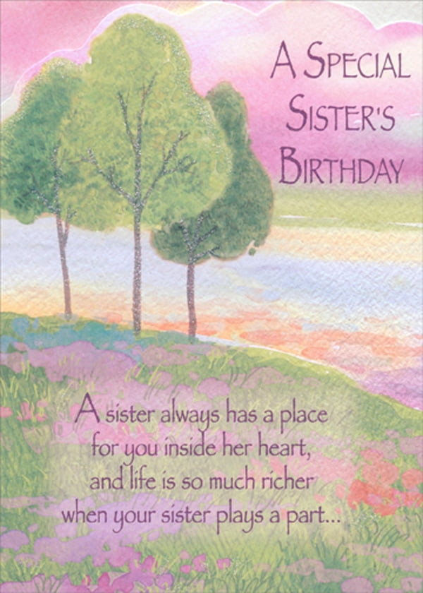 Designer Greetings Three Green Trees on Hillside Watercolor Die Cut Z-Fold Birthday Card for Sister