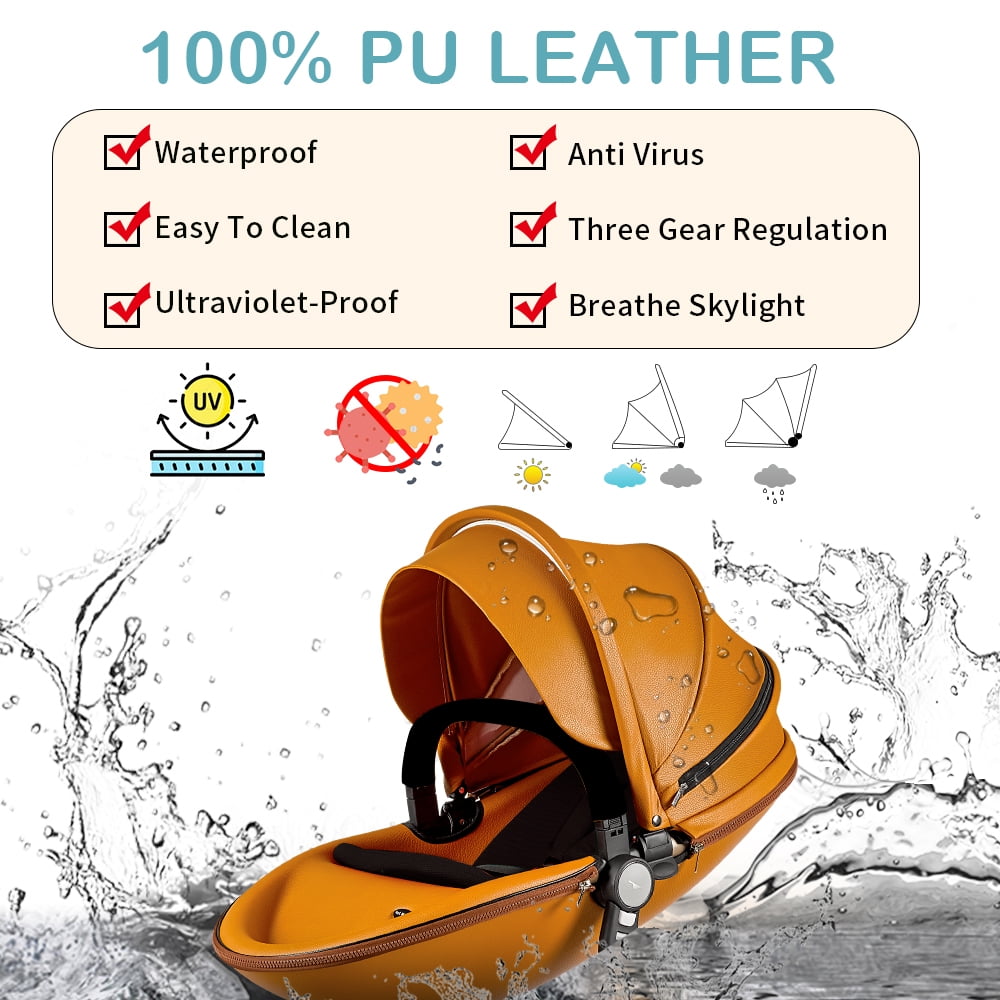 Hot Mom Baby Stroller Reversible Luxury PU Leather Pram,Brown