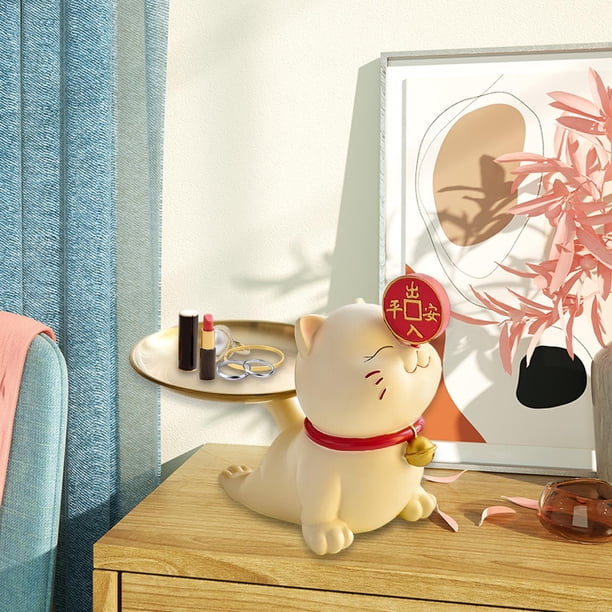 Estatua de gato con bandeja de almacenamiento, dor de escritorio, escultura de estatuilla de gatito de resina, decoración de mesa moderna para , beige