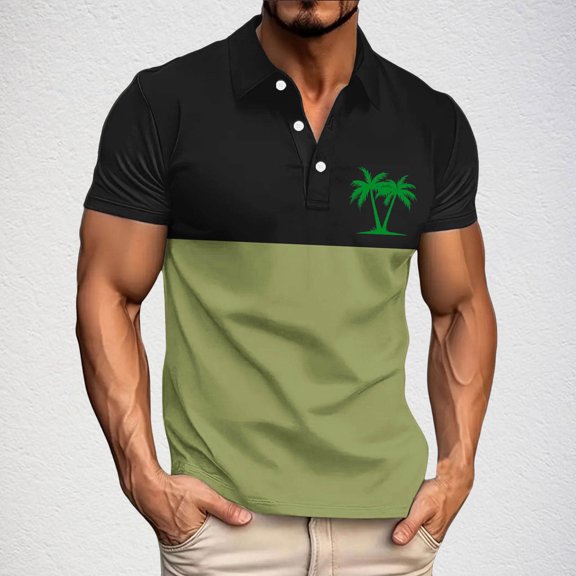 POTETI Mens Polo Shirt Collared Casual Short Sleeve Shirts Tropical Loose Hawaii Print Tops