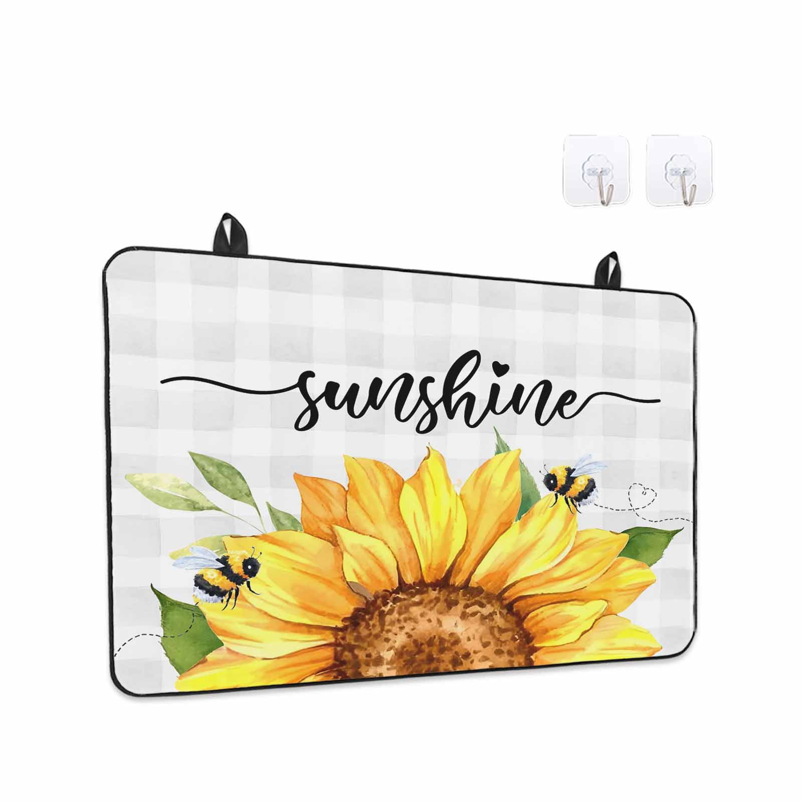 Sunflowers Bees Stove Top Cover for Electric Stove, Heat-proof & Non Slip Glass Top Stove Cover Protector, Grey Check Sunshine Watercolor Floral Kitchen Flat Cooktop Rubber Mat 24x21 Inches