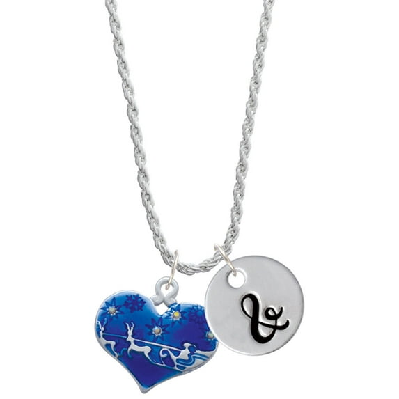 Delight Jewelry Silvertone Large Blue Flying Santa Heart with AB Crystals Silvertone Script Initial Disc - & - Charm Necklace, 20"+3"