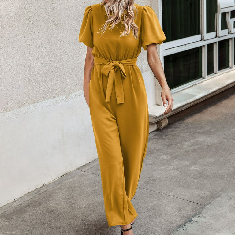 Oalirro Flowy Jumpsuits for Women Lace up Round Neck Short Sleeve Casual  Romper for Women Summer Yellow Jumpsuit M 