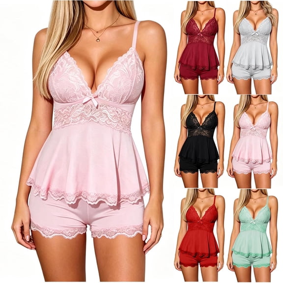 Fatuov Women's Lace Pajama Set V-Neck Camisole Sleepwear for Sleep, Home Comfortable PJ Sets with Elastic Waist Slit Shorts, Pink, Size S-XL
