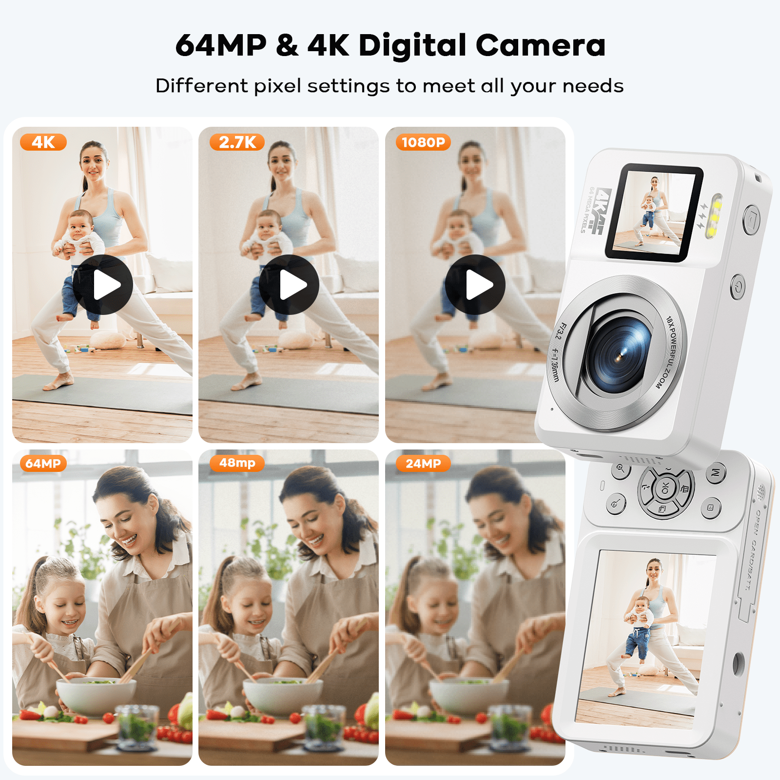 Campark 64MP Digital Camera Autofocus 18x Digital Zoom with 32G SD Card 4K Point and Shoot Camera for Kids Teens Students