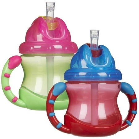 Sip Straw - Nuby 2 Handle Flip n' Sip Straw Cup, 8 Ounce - 2 Pack, Red/Green