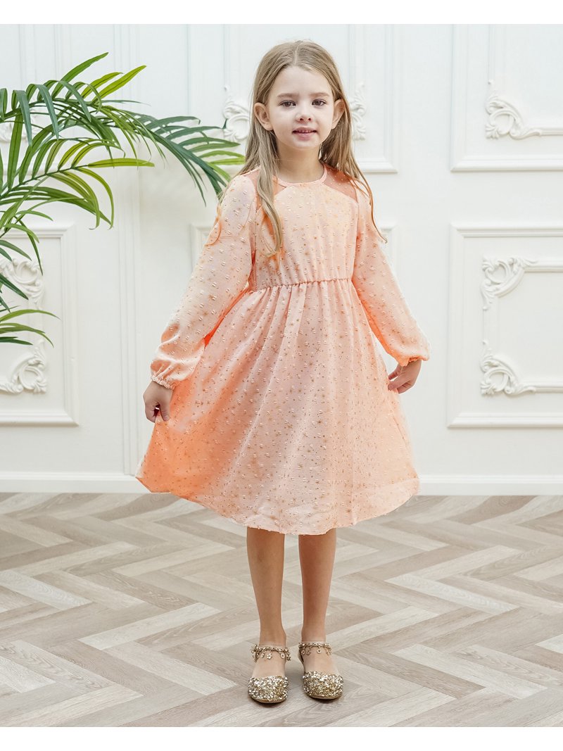 Girls Long Sleeve Dress Tween Contrast Mesh Puff High Waist A-Line Midi Swing Party Holiday Dresses 4-13Y