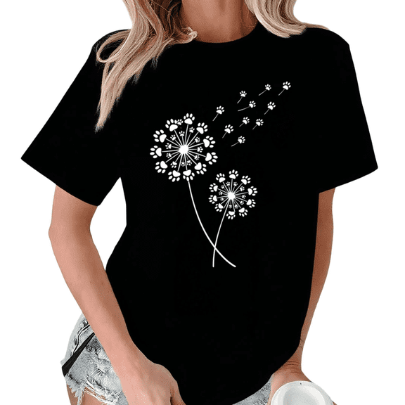 Black Retro Dandelion Dog Paw Print Tshirt Graphic Tees Shirts S-5XL Aesthetic Pet Casual Tops