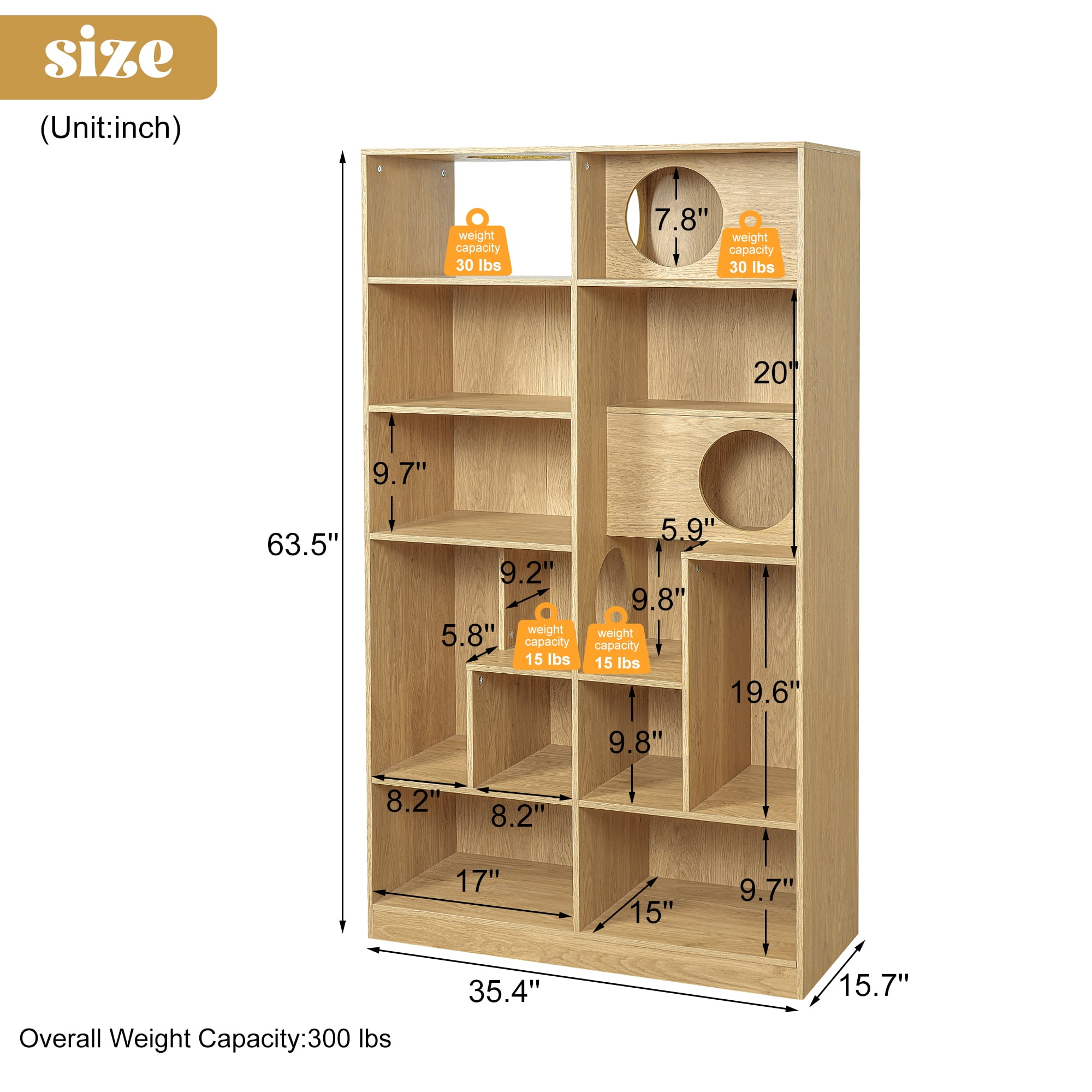 Euroco 2 in 1 Wood Bookshelf Cat House, Modern Cat Tree Display Case with Storage,Built-in Cat Houses and Pass-Through Cat Holes,Cat Litter Box Enclosure Climbing Shelf,Natural