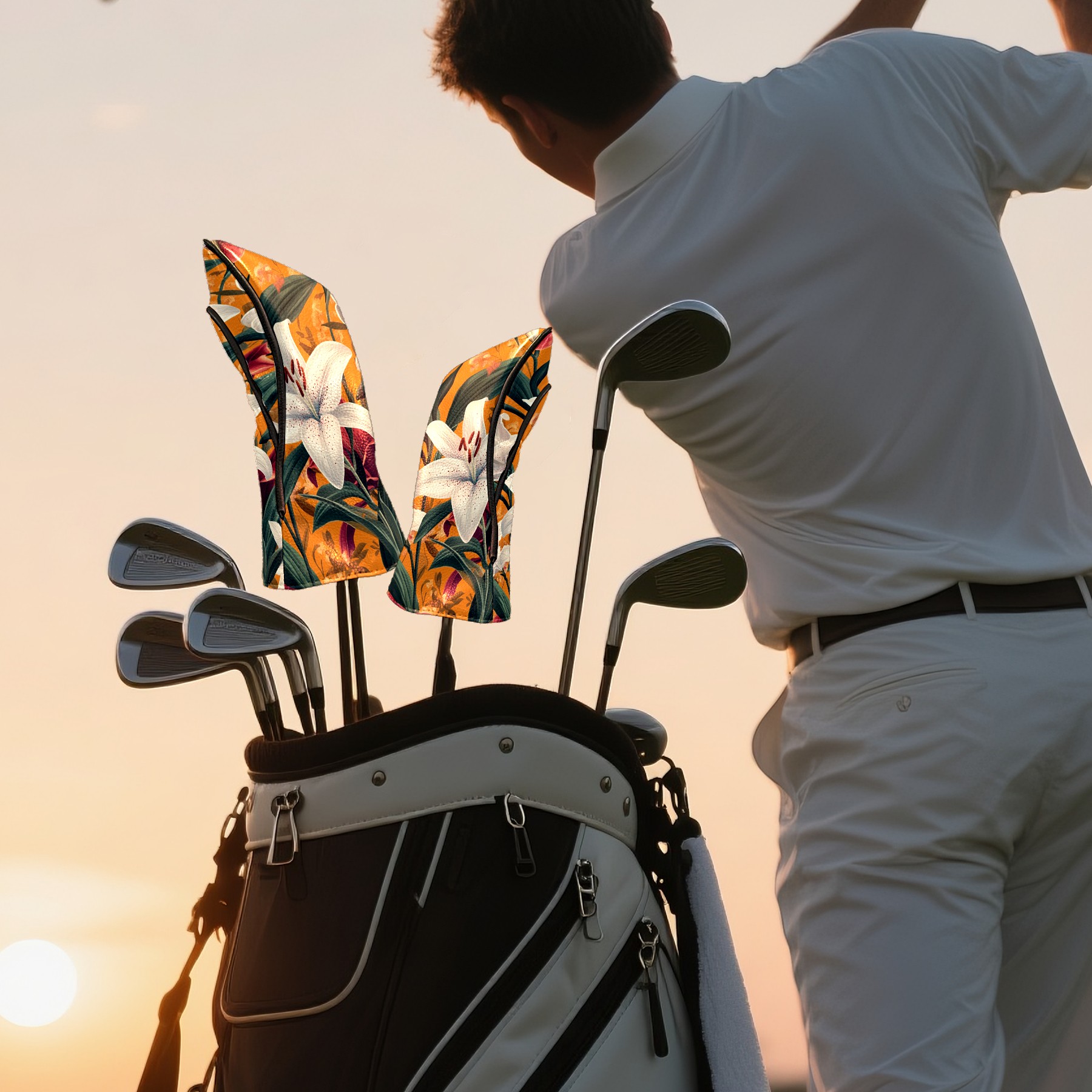 Golf Club Covers PU Leather Waterproof Head Covers for Fairway Woods Hybrids Lily Orchid Flowers