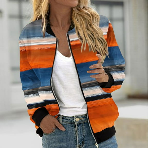 Goodtrade8 Womens Coats Zip up Striped Bomber Jackets Crew Neck Casual Lightweight Pocket Long Sleeve Women's Tops