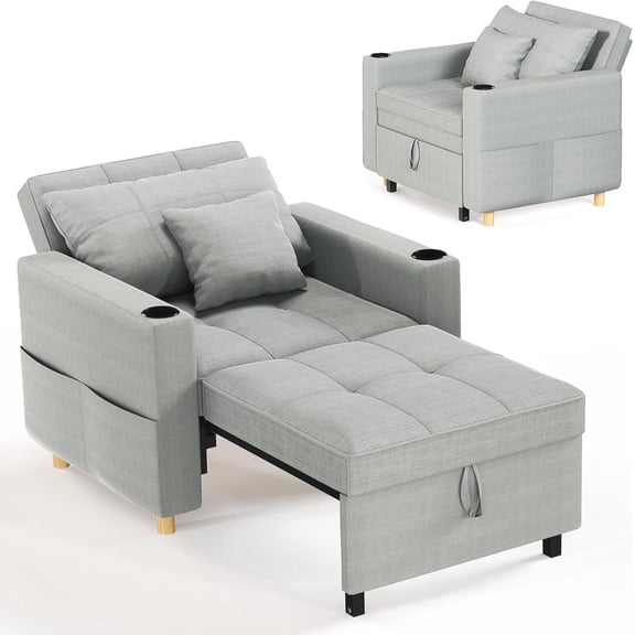 AECOJOY Sofa Bed, 38" Extra-Wide 3-in-1 Convertible Pull-Out Single Sofa with Adjustable Backrest and Cup Holder, Light Grey
