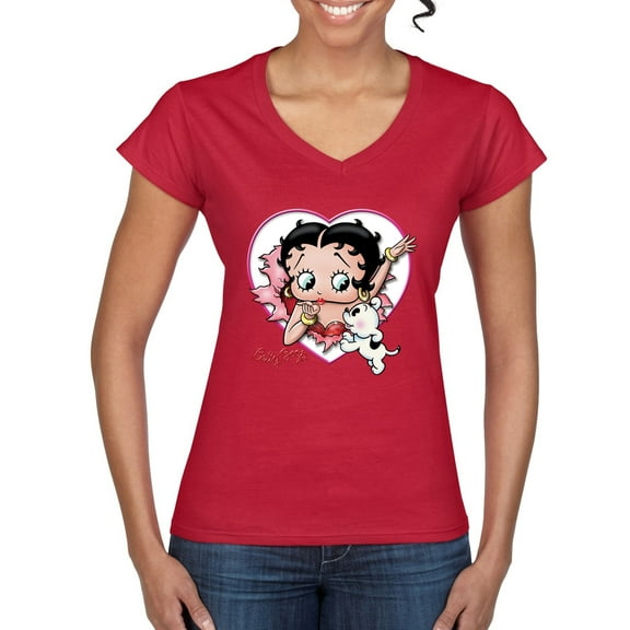 Wild Bobby Betty Boop Heart Blowing Kiss Dog Betty Boop Women’s Standard V-Neck Tee, Red, Medium