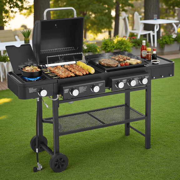 All-in-One Propane Gas Grill with Griddle, 5 Burner 56000 BTU Outdoor Grill Combo, 745 Sq Inch 3-in-1 Cooking Space with Side Burner, Black