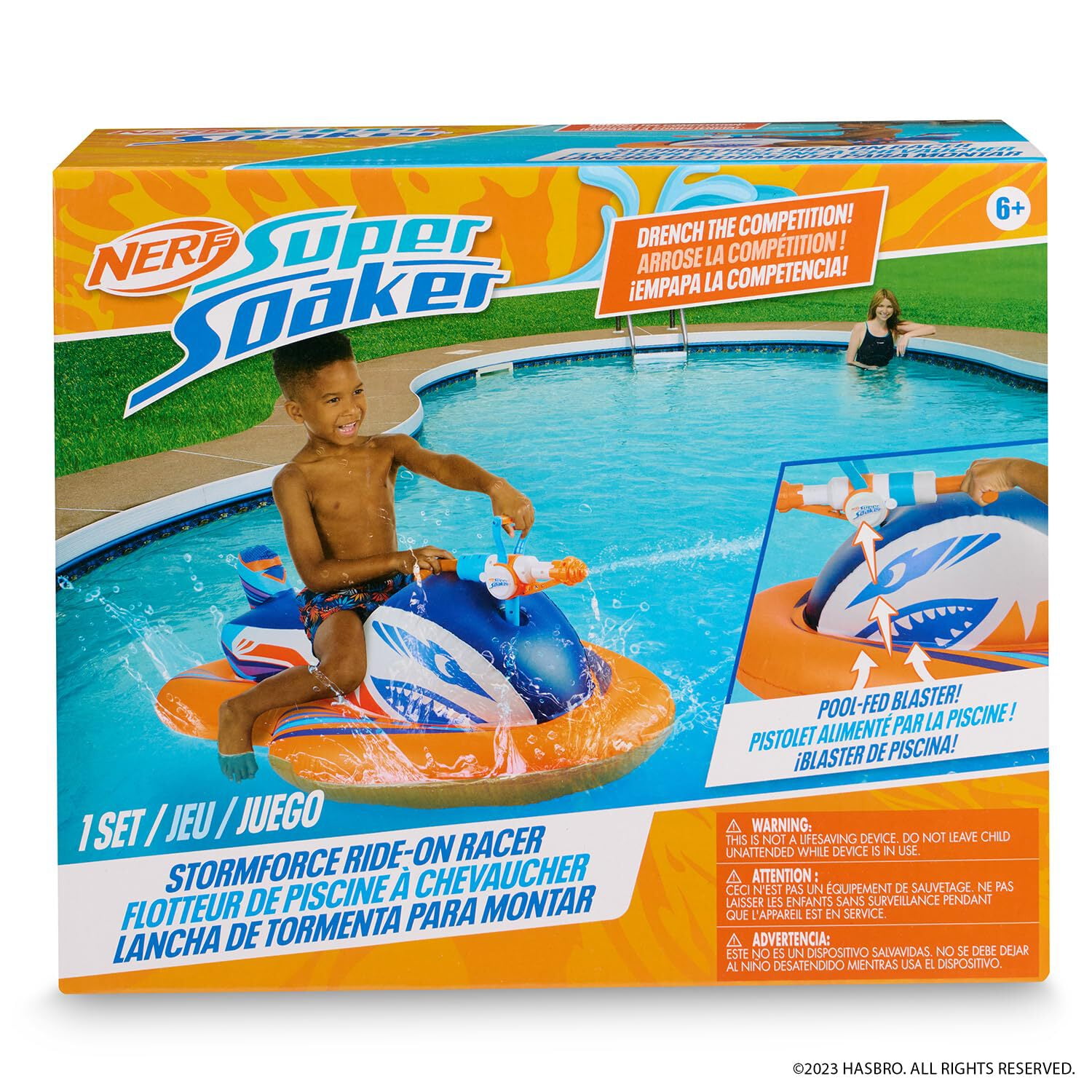 Nerf Super Soaker Stormforce Ride-On Racer  Inflatable Pool Float with Pool-Fed Mega Water Blaster