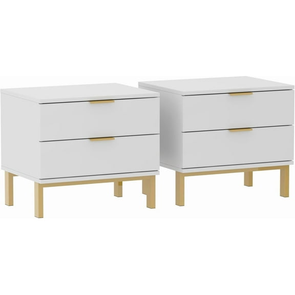 FUFU&GAGA Whtie Nightstand Set of 2 Modern Bedside Table with 2 Drawers Versatile End Table with Gold Handles, Metal Legs, for Bedroom Living Room, White and Gold