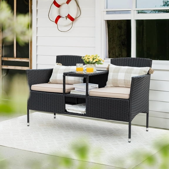 Outdoor Loveseat Wicker Bench with Table and Cushions for Balcony Lawn